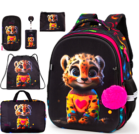 Ортопедичний шкільний рюкзак 6 в 1 для дівчинки School Standard 38х30х18 см з Тигром в 1 клас (SET 170-68)